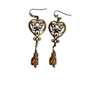 Vintage Heart Dangle Earrings Amber Cat Charm Gold‎ Bronze Tone Bohemian Jewelry